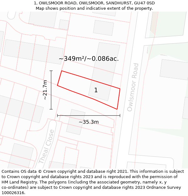 1, OWLSMOOR ROAD, OWLSMOOR, SANDHURST, GU47 0SD: Plot and title map