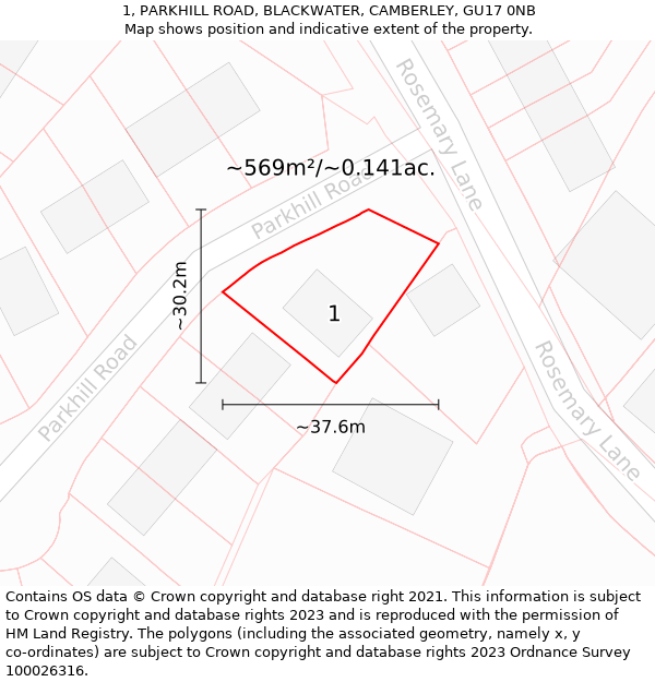 1, PARKHILL ROAD, BLACKWATER, CAMBERLEY, GU17 0NB: Plot and title map