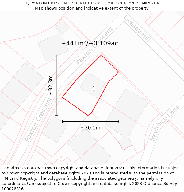 1, PAXTON CRESCENT, SHENLEY LODGE, MILTON KEYNES, MK5 7PX: Plot and title map