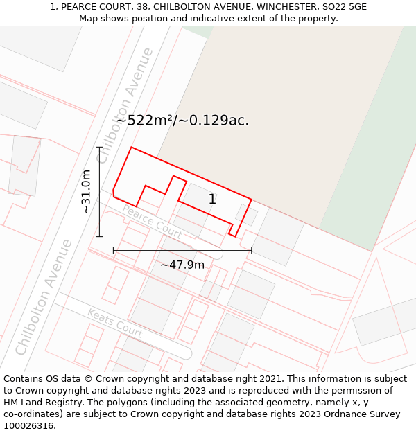 1, PEARCE COURT, 38, CHILBOLTON AVENUE, WINCHESTER, SO22 5GE: Plot and title map