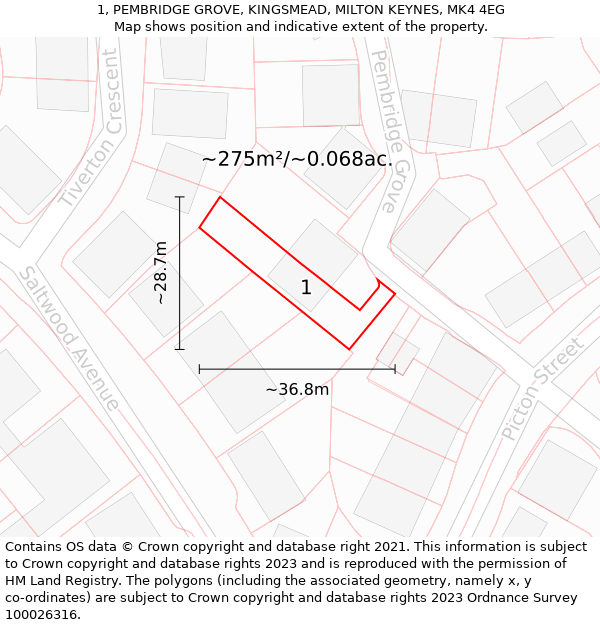 1, PEMBRIDGE GROVE, KINGSMEAD, MILTON KEYNES, MK4 4EG: Plot and title map