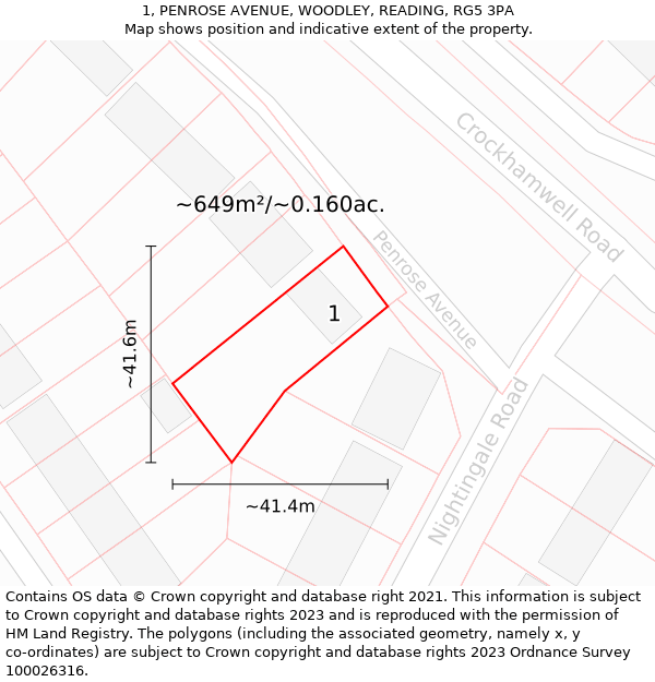 1, PENROSE AVENUE, WOODLEY, READING, RG5 3PA: Plot and title map