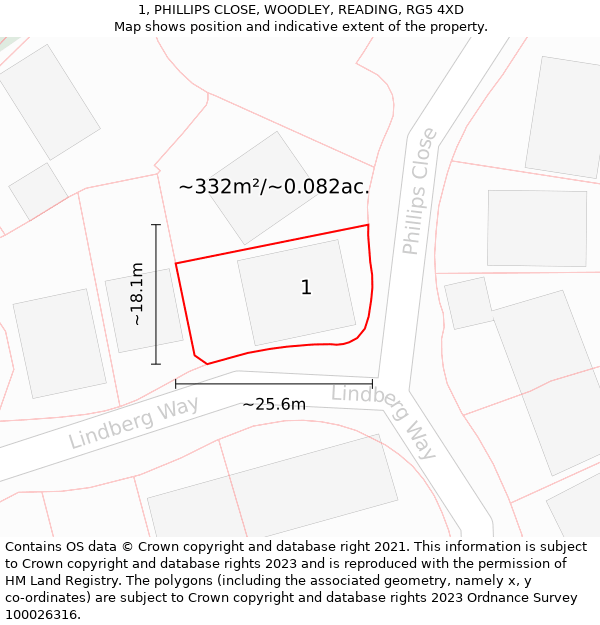 1, PHILLIPS CLOSE, WOODLEY, READING, RG5 4XD: Plot and title map