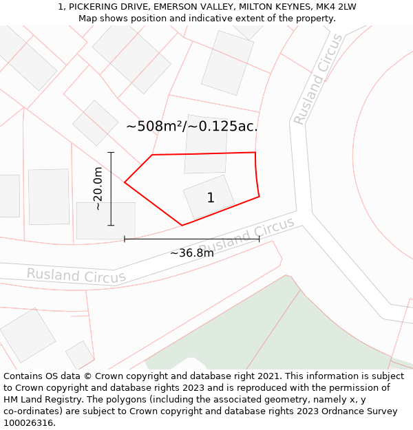 1, PICKERING DRIVE, EMERSON VALLEY, MILTON KEYNES, MK4 2LW: Plot and title map