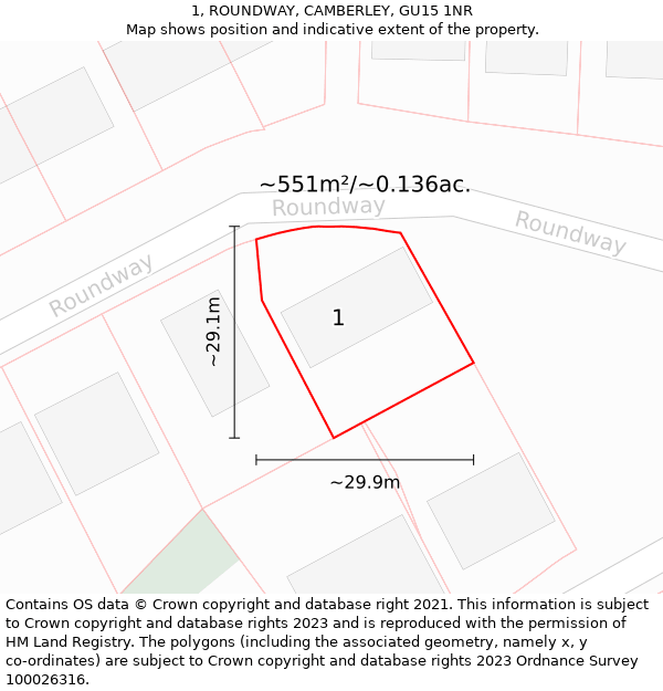 1, ROUNDWAY, CAMBERLEY, GU15 1NR: Plot and title map