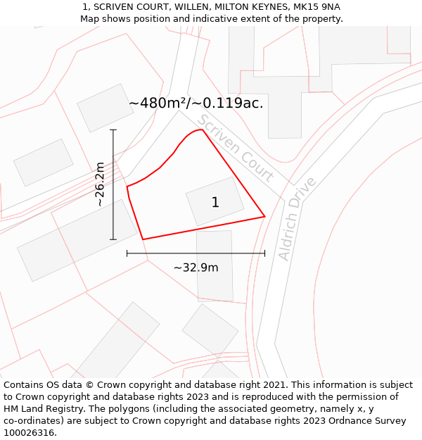 1, SCRIVEN COURT, WILLEN, MILTON KEYNES, MK15 9NA: Plot and title map