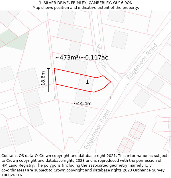 1, SILVER DRIVE, FRIMLEY, CAMBERLEY, GU16 9QN: Plot and title map