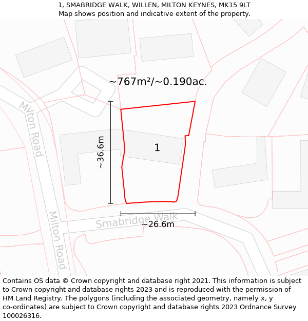 1, SMABRIDGE WALK, WILLEN, MILTON KEYNES, MK15 9LT: Plot and title map