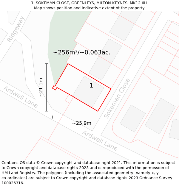 1, SOKEMAN CLOSE, GREENLEYS, MILTON KEYNES, MK12 6LL: Plot and title map