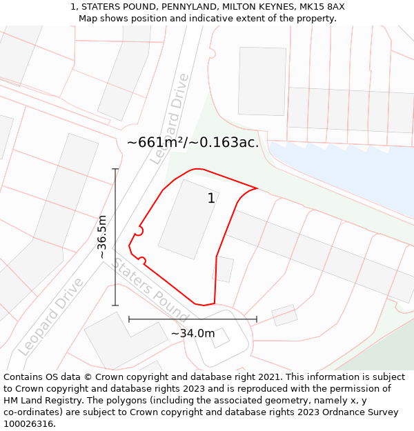 1, STATERS POUND, PENNYLAND, MILTON KEYNES, MK15 8AX: Plot and title map