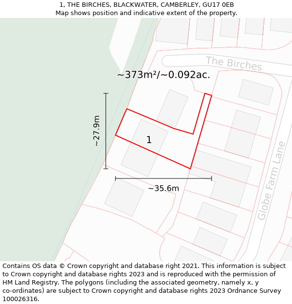 1, THE BIRCHES, BLACKWATER, CAMBERLEY, GU17 0EB: Plot and title map