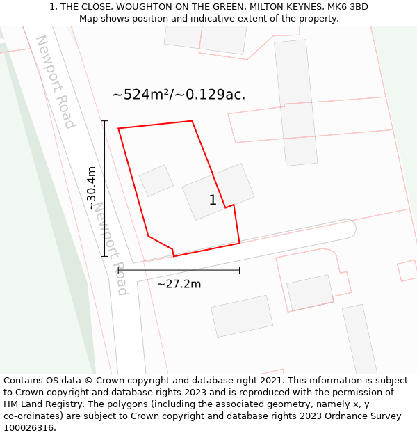 1, THE CLOSE, WOUGHTON ON THE GREEN, MILTON KEYNES, MK6 3BD: Plot and title map