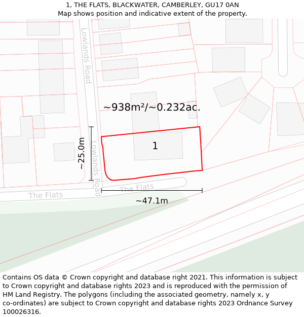 1, THE FLATS, BLACKWATER, CAMBERLEY, GU17 0AN: Plot and title map