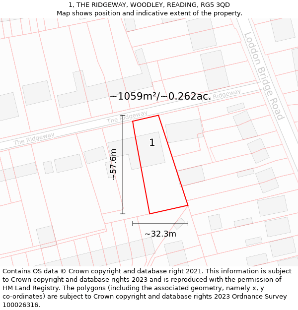 1, THE RIDGEWAY, WOODLEY, READING, RG5 3QD: Plot and title map