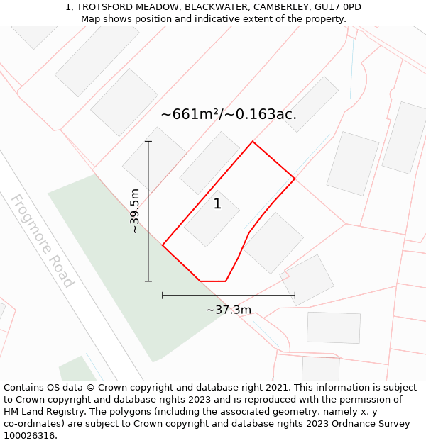 1, TROTSFORD MEADOW, BLACKWATER, CAMBERLEY, GU17 0PD: Plot and title map