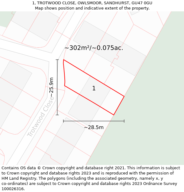 1, TROTWOOD CLOSE, OWLSMOOR, SANDHURST, GU47 0GU: Plot and title map