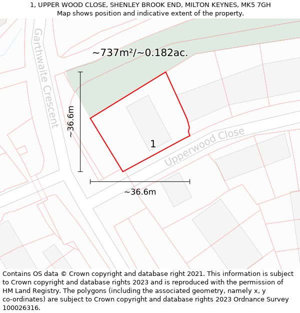 1, UPPER WOOD CLOSE, SHENLEY BROOK END, MILTON KEYNES, MK5 7GH: Plot and title map