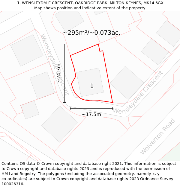 1, WENSLEYDALE CRESCENT, OAKRIDGE PARK, MILTON KEYNES, MK14 6GX: Plot and title map