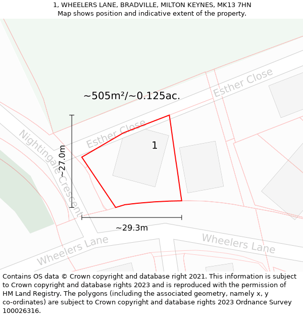 1, WHEELERS LANE, BRADVILLE, MILTON KEYNES, MK13 7HN: Plot and title map