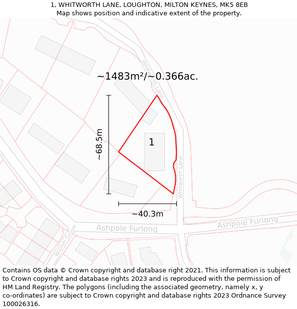 1, WHITWORTH LANE, LOUGHTON, MILTON KEYNES, MK5 8EB: Plot and title map