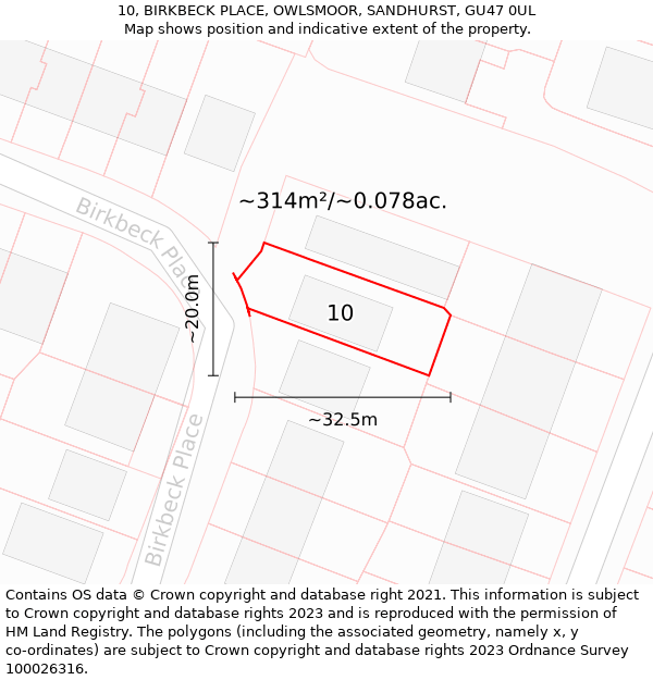 10, BIRKBECK PLACE, OWLSMOOR, SANDHURST, GU47 0UL: Plot and title map