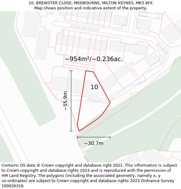 10, BREWSTER CLOSE, MEDBOURNE, MILTON KEYNES, MK5 6FX: Plot and title map