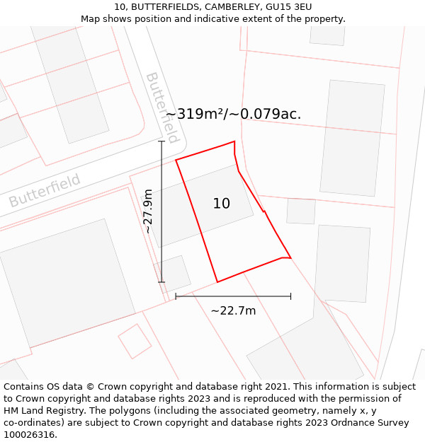 10, BUTTERFIELDS, CAMBERLEY, GU15 3EU: Plot and title map