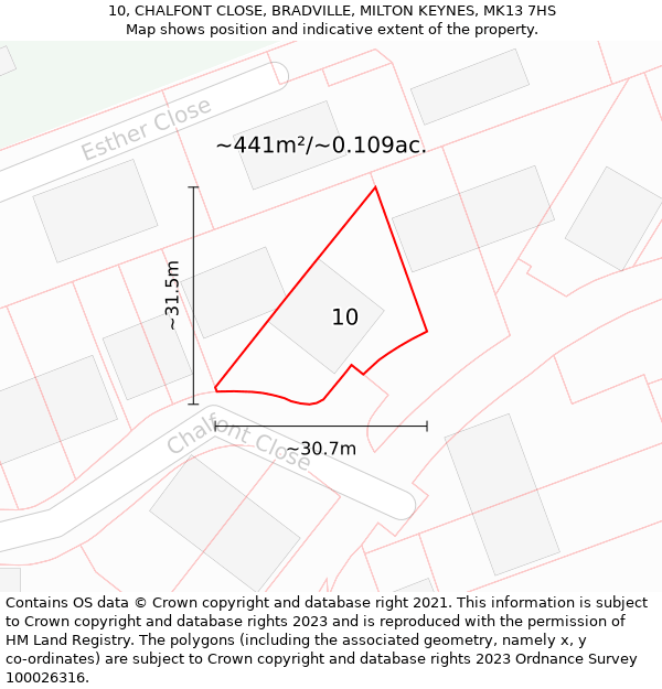 10, CHALFONT CLOSE, BRADVILLE, MILTON KEYNES, MK13 7HS: Plot and title map