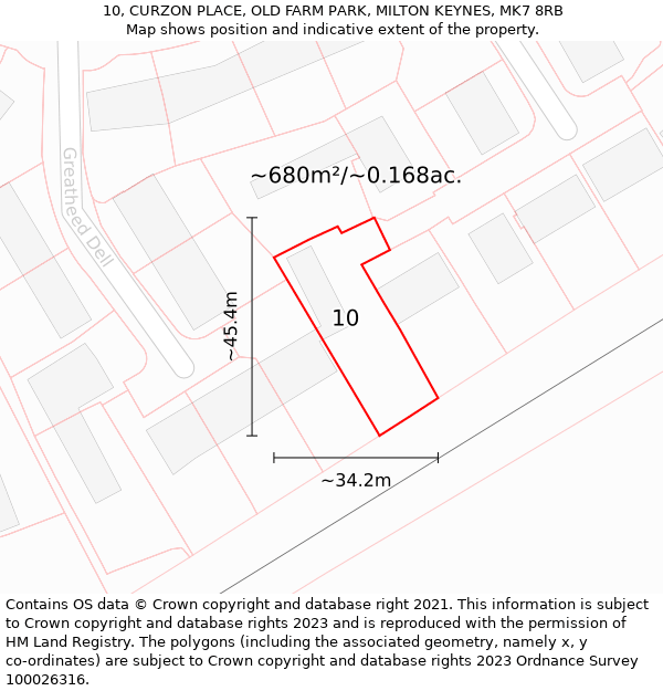 10, CURZON PLACE, OLD FARM PARK, MILTON KEYNES, MK7 8RB: Plot and title map