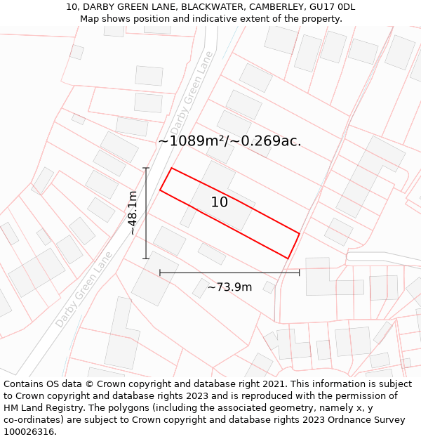 10, DARBY GREEN LANE, BLACKWATER, CAMBERLEY, GU17 0DL: Plot and title map