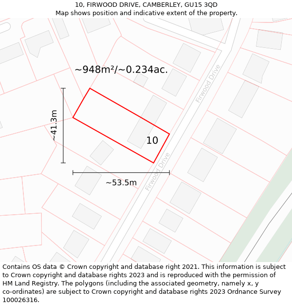 10, FIRWOOD DRIVE, CAMBERLEY, GU15 3QD: Plot and title map