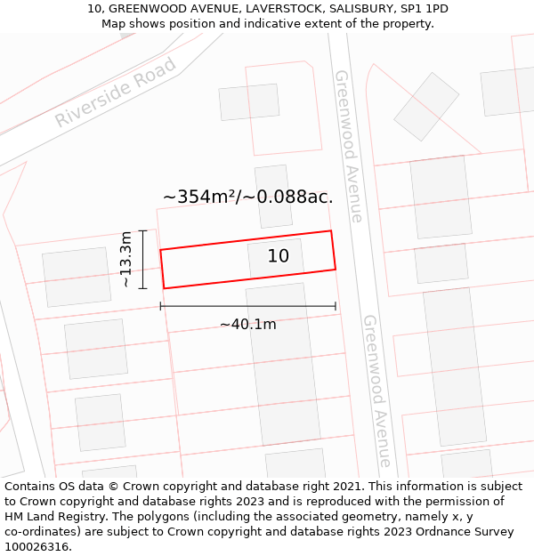 10, GREENWOOD AVENUE, LAVERSTOCK, SALISBURY, SP1 1PD: Plot and title map
