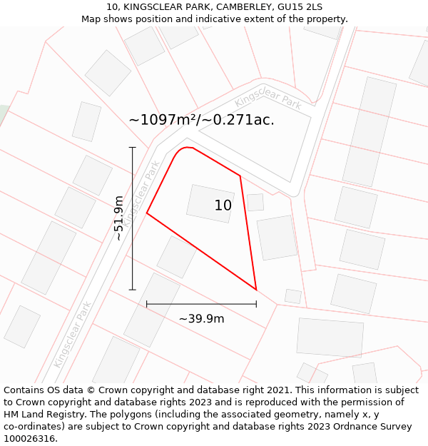 10, KINGSCLEAR PARK, CAMBERLEY, GU15 2LS: Plot and title map