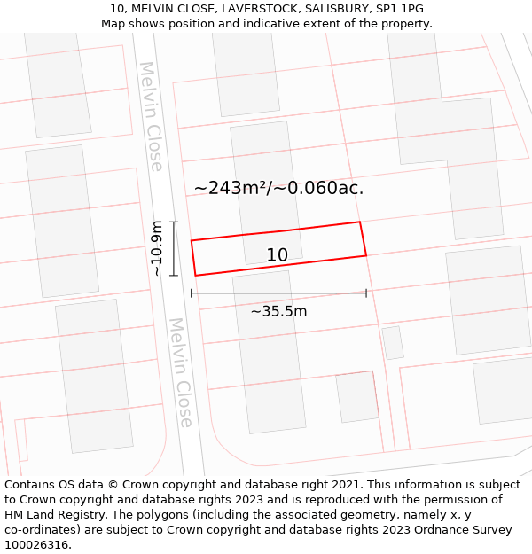 10, MELVIN CLOSE, LAVERSTOCK, SALISBURY, SP1 1PG: Plot and title map