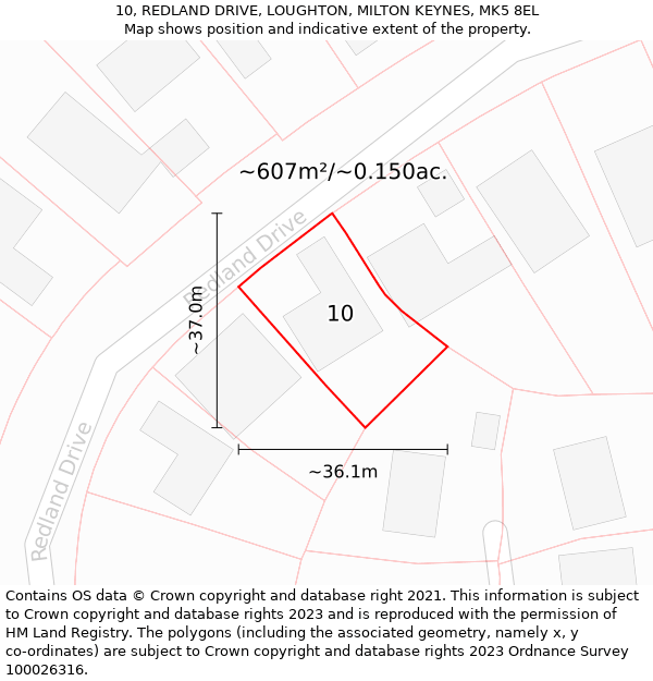 10, REDLAND DRIVE, LOUGHTON, MILTON KEYNES, MK5 8EL: Plot and title map