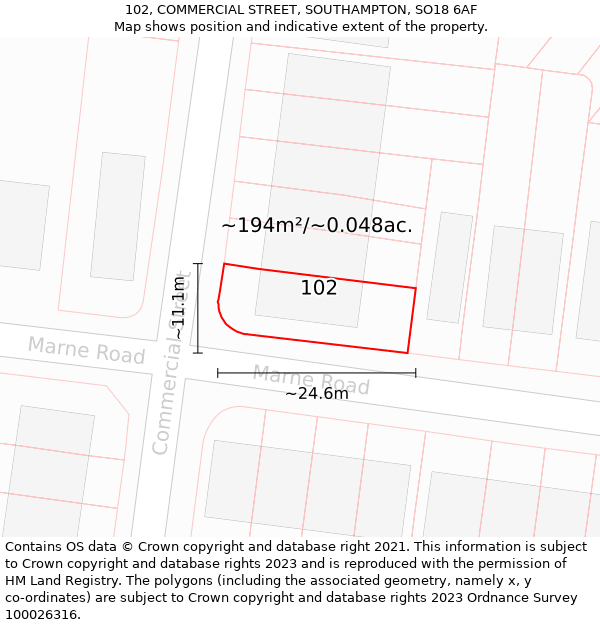 102, COMMERCIAL STREET, SOUTHAMPTON, SO18 6AF: Plot and title map