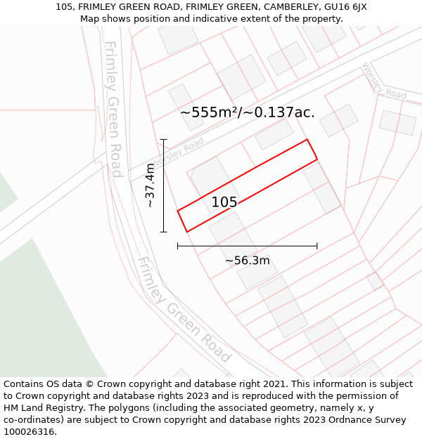 105, FRIMLEY GREEN ROAD, FRIMLEY GREEN, CAMBERLEY, GU16 6JX: Plot and title map