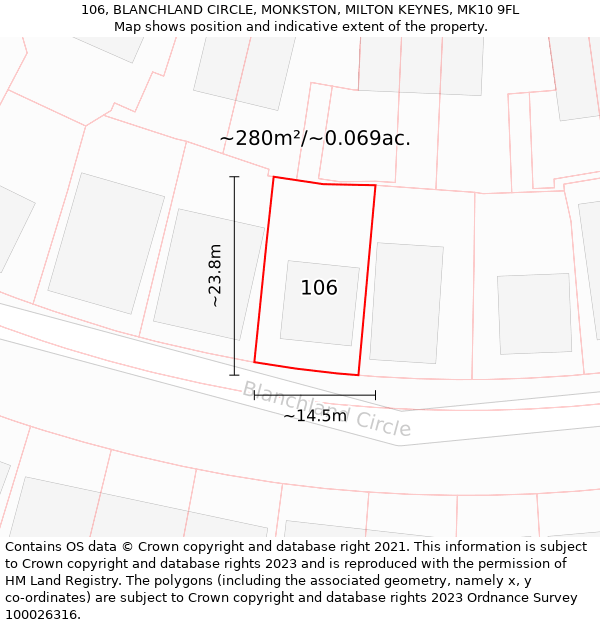 106, BLANCHLAND CIRCLE, MONKSTON, MILTON KEYNES, MK10 9FL: Plot and title map