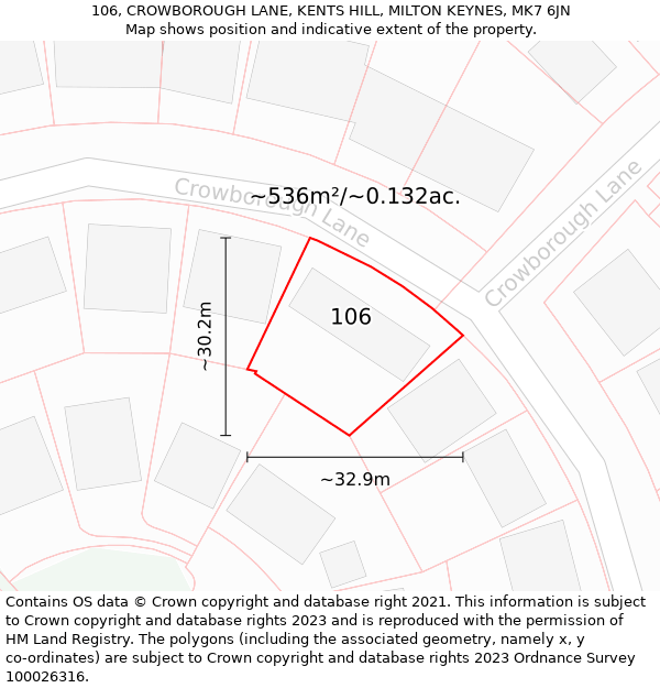 106, CROWBOROUGH LANE, KENTS HILL, MILTON KEYNES, MK7 6JN: Plot and title map