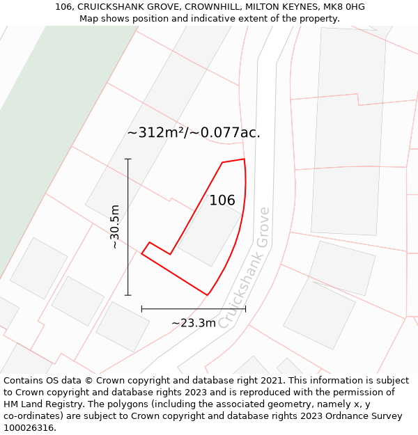 106, CRUICKSHANK GROVE, CROWNHILL, MILTON KEYNES, MK8 0HG: Plot and title map