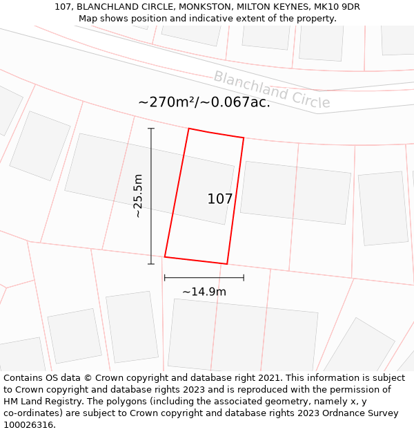 107, BLANCHLAND CIRCLE, MONKSTON, MILTON KEYNES, MK10 9DR: Plot and title map