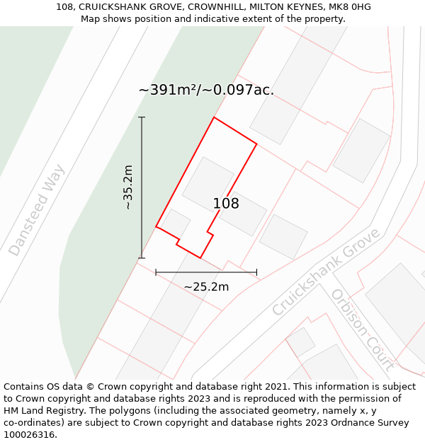 108, CRUICKSHANK GROVE, CROWNHILL, MILTON KEYNES, MK8 0HG: Plot and title map