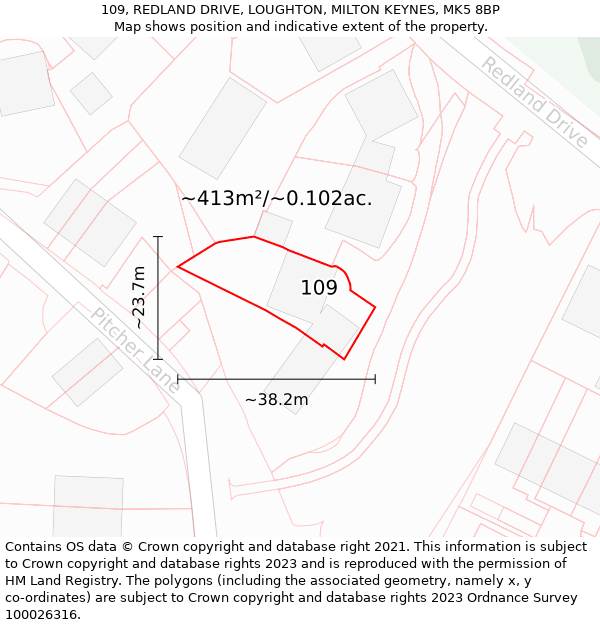 109, REDLAND DRIVE, LOUGHTON, MILTON KEYNES, MK5 8BP: Plot and title map