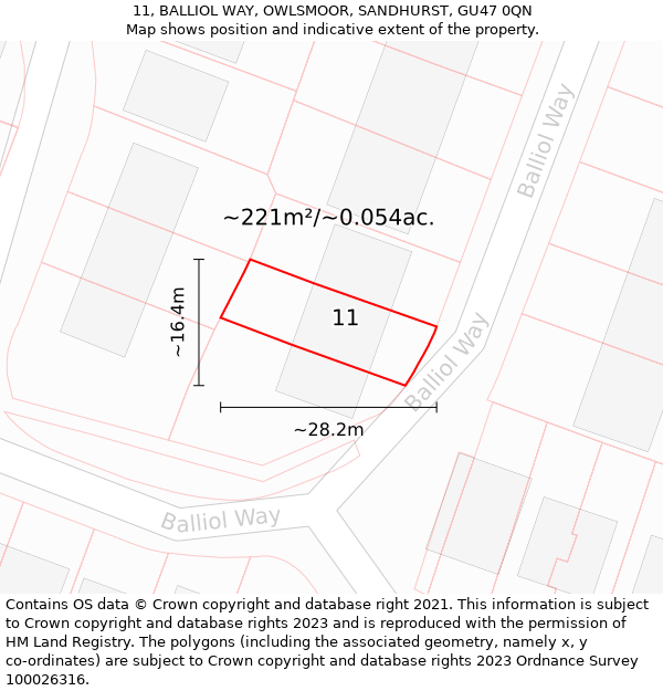 11, BALLIOL WAY, OWLSMOOR, SANDHURST, GU47 0QN: Plot and title map