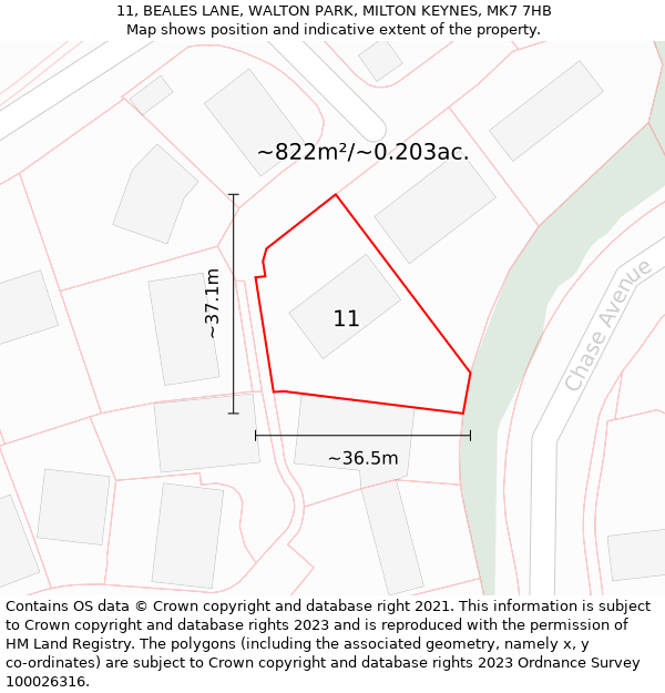 11, BEALES LANE, WALTON PARK, MILTON KEYNES, MK7 7HB: Plot and title map