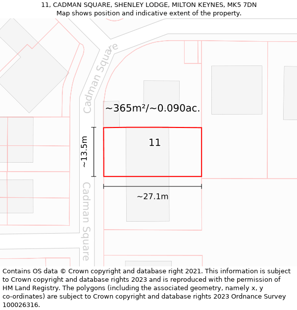 11, CADMAN SQUARE, SHENLEY LODGE, MILTON KEYNES, MK5 7DN: Plot and title map