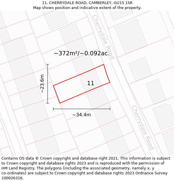 11, CHERRYDALE ROAD, CAMBERLEY, GU15 1SR: Plot and title map