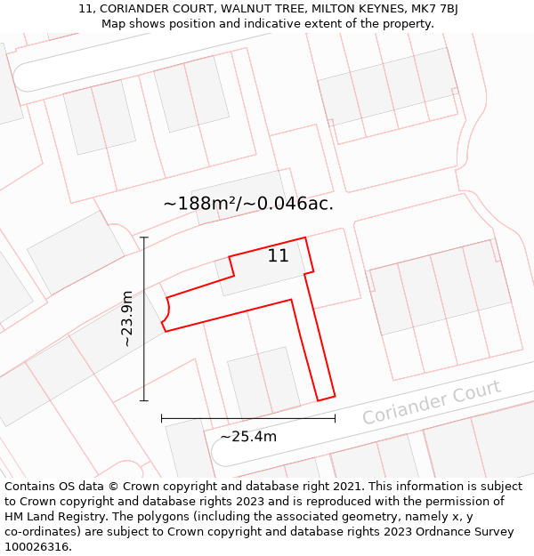 11, CORIANDER COURT, WALNUT TREE, MILTON KEYNES, MK7 7BJ: Plot and title map