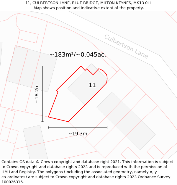 11, CULBERTSON LANE, BLUE BRIDGE, MILTON KEYNES, MK13 0LL: Plot and title map