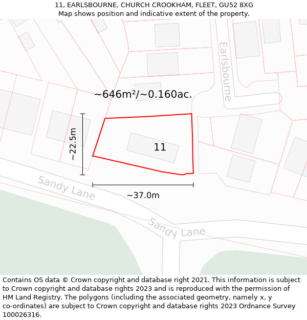 11, EARLSBOURNE, CHURCH CROOKHAM, FLEET, GU52 8XG: Plot and title map